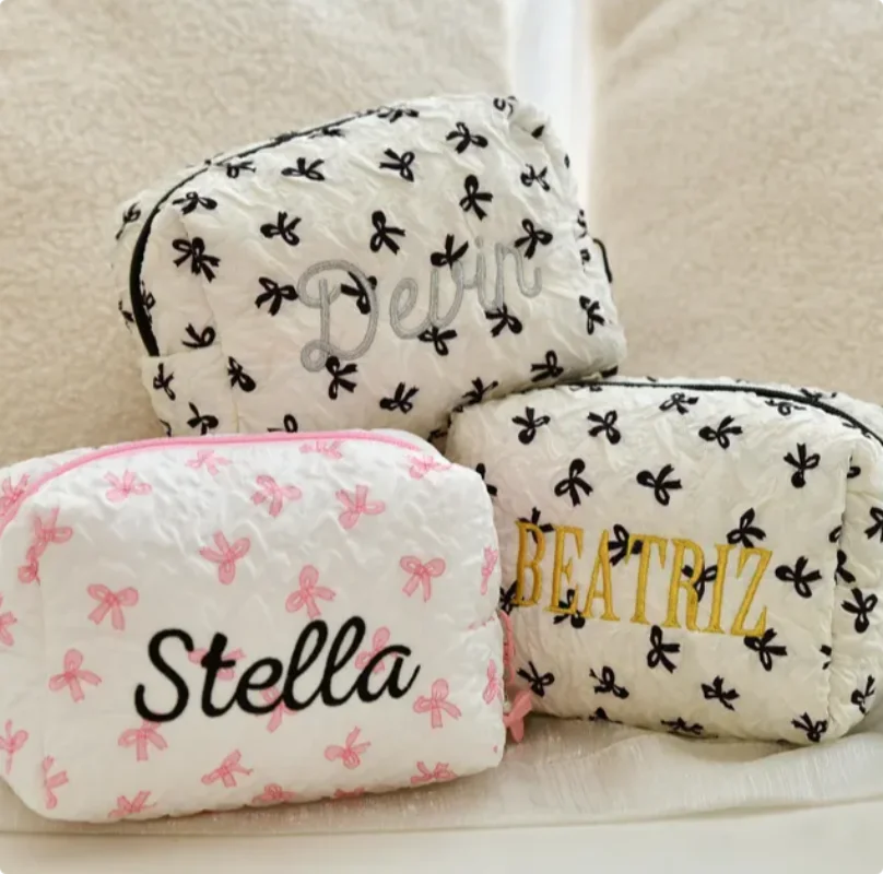 Personalized Bow Makeup Bag, Large Capacity Embroidered Name, Multifunctional Storage Bag, Makeup Bag