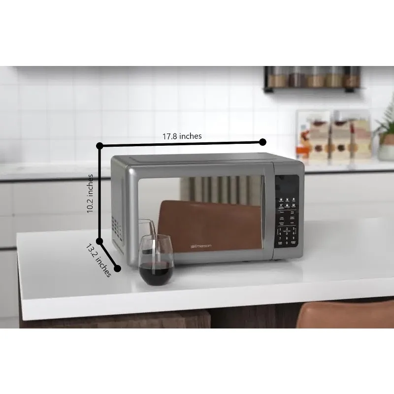 OUIO Compact countertop microwave, 10 power levels, 6 automatic menus, glass turntable and child safety lock.