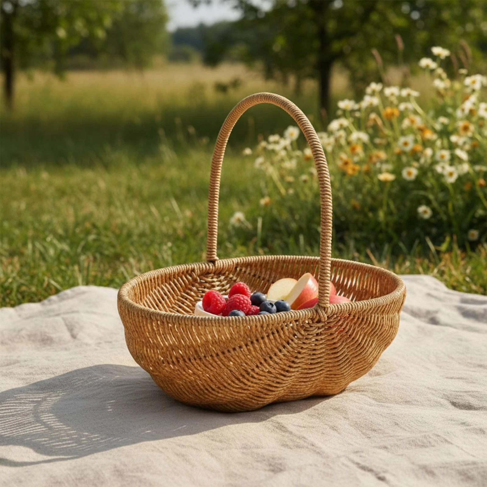 Woven Fruit Basket Handwoven Basket with Handle Open-Top Rustic for Kitchen Storage, Picnic view 2