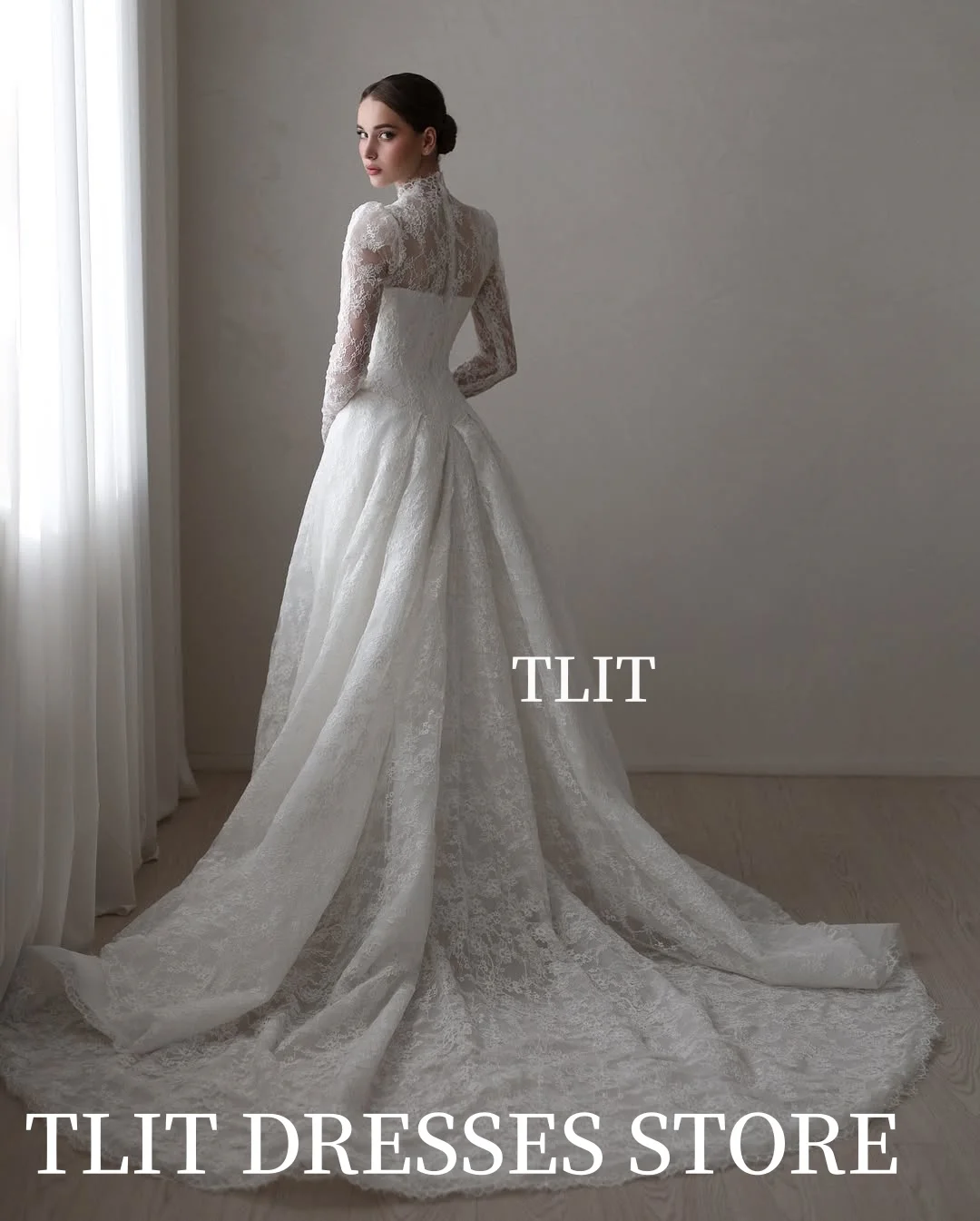 TLIT Vintage Ivory Lace A-Line Wedding Dresses Customized V-Neck  فساتين زفاف Buttons Long Sleeves Bridal Gowns