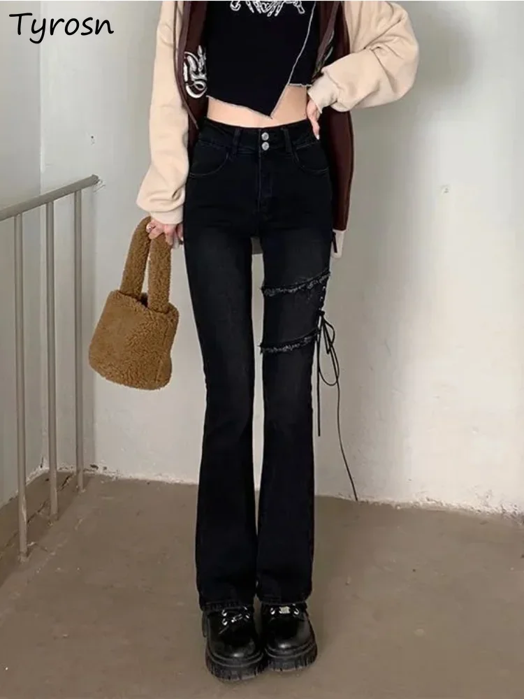 Jeans Women Elegant Bandage Chic Simple Solid Design Temperament All-match Spring High Street Leisure Empire Korean Style Tender