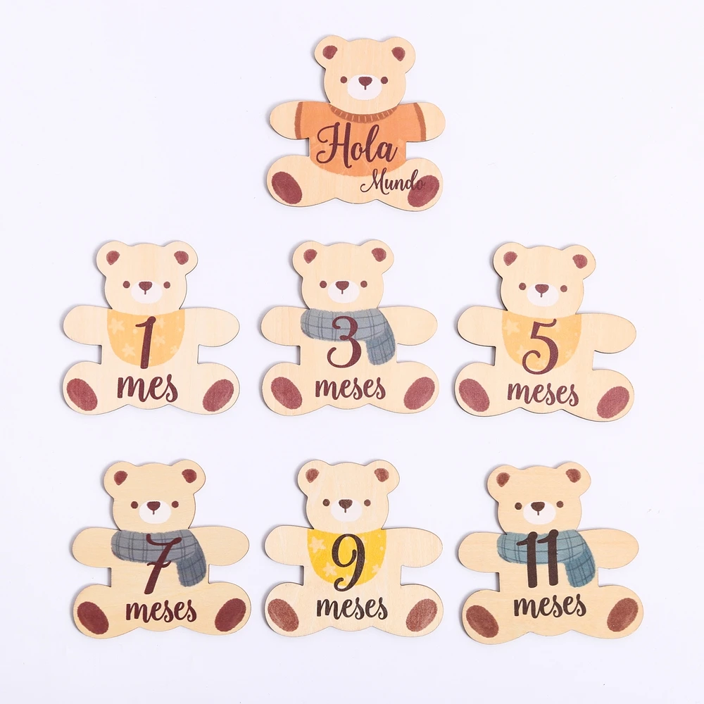 7pc/set Newborn Wooden Spanish Milestone Card Baby Bear Photography Props Accessories Month Cards Sticker Newborn Gifts Cards