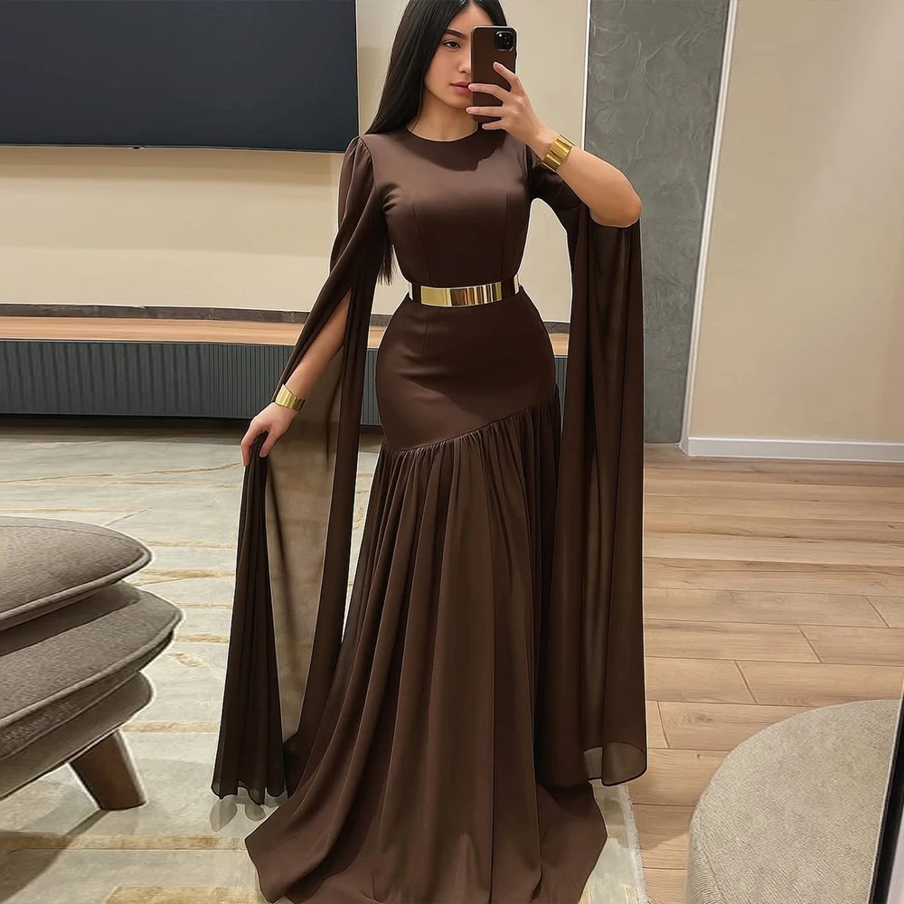 Abiti da festa eleganti personalizzati per le donne Jersey A Line Abiti da sera da ballo Maniche ad aletta Abiti da cocktail lunghi fino al pavimento Marrone