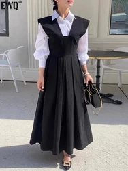 [EWQ]Korean Chic Loose Long Sleeve Shirt And Pleated Vest Dress Long Skirt 2 Piece Set Women 2024 Autumn New Fashion 16O1425