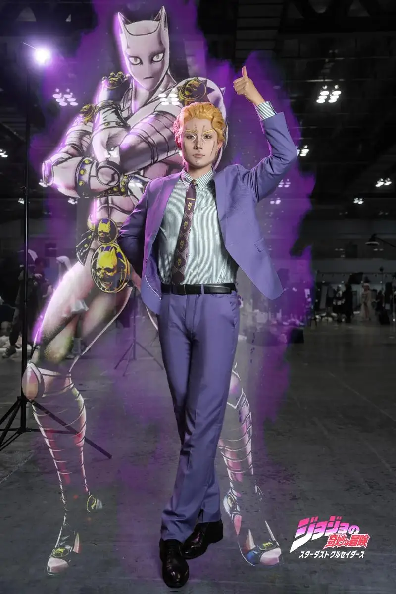 

2026 new Anime JOJO Kira Yoshikage Purple Suit Coat Pants Shirt Tie Belt Kira Yoshikage Cosplay Costume Halloween Costumes