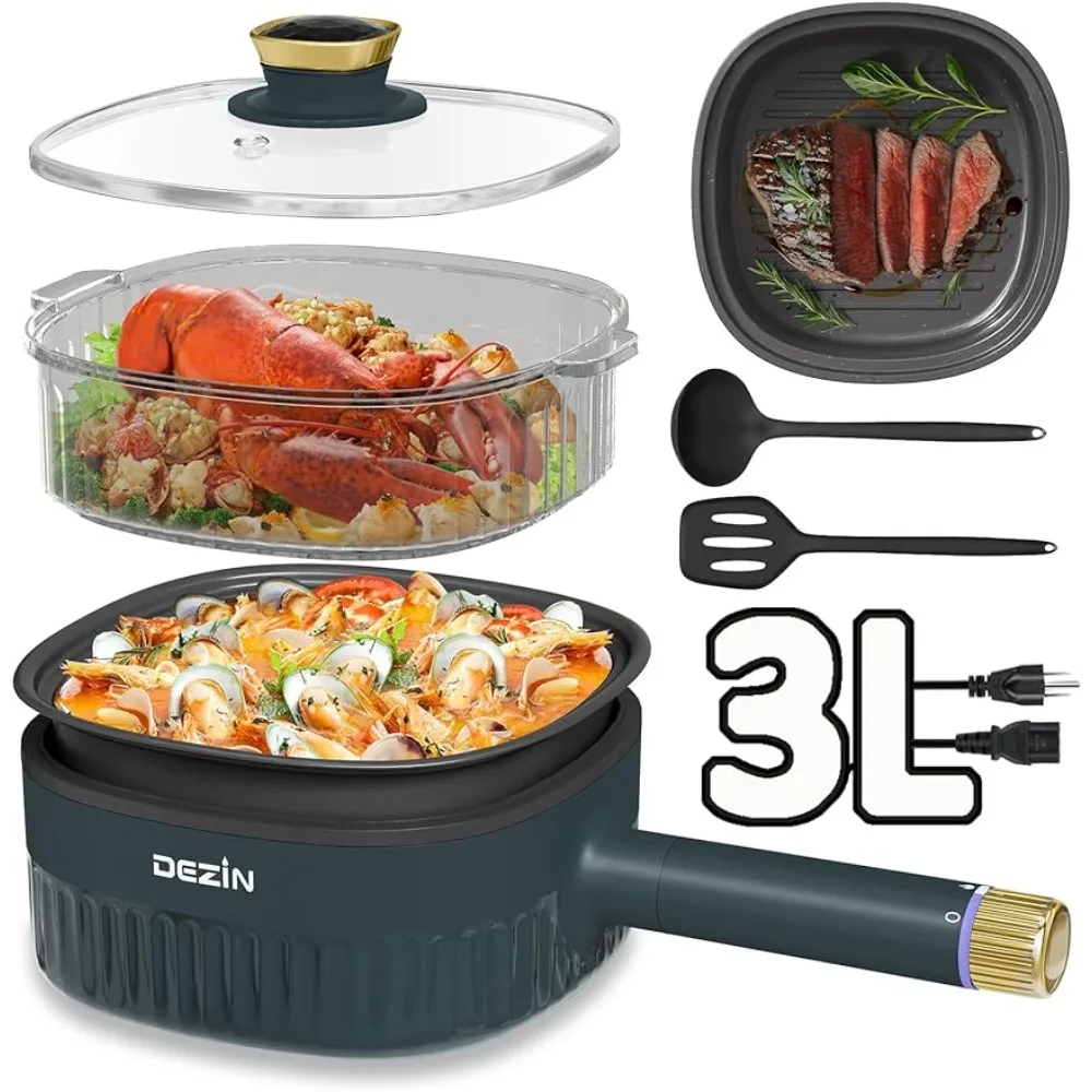 1 Steamer, 3-in-1 Electric Cooker with Dual Power Level for Dorm, Family & Friend Gathering, 1000W Rapid Pot