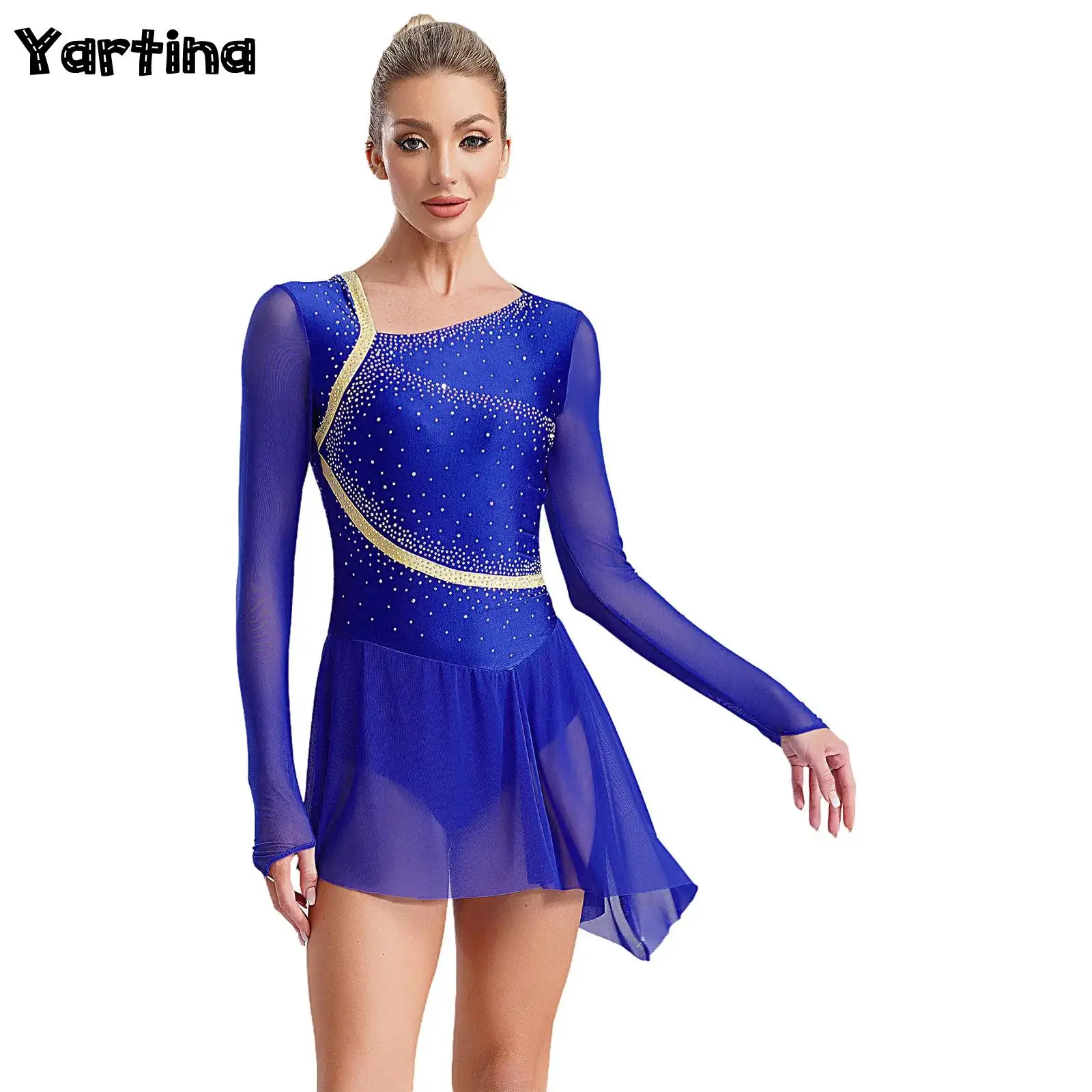 

Womens Shiny Rhinestones Gymnastics Ballet Lyrical Dance Dresses Figure Skating Costume Sheer Mesh Asymmetrical Dress Dancewear