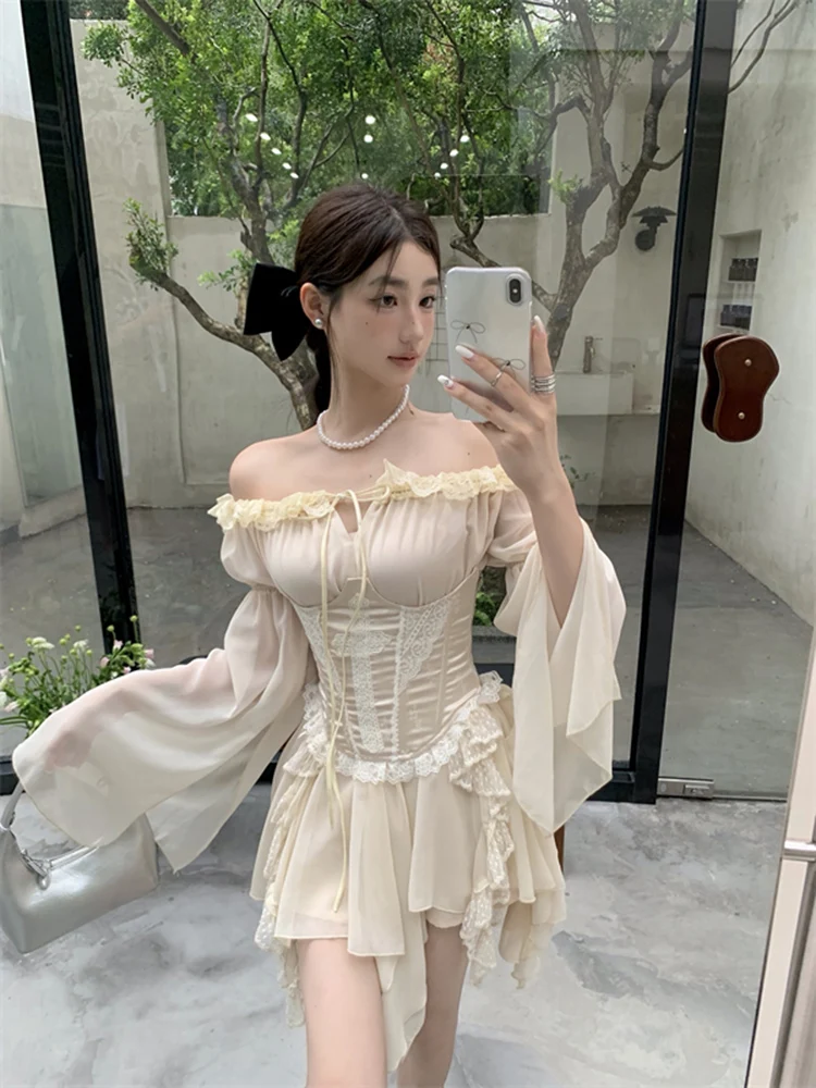 Roriri doce fora do ombro uma peça mini vestido feminino elegante sexy magro roupas de festa irregular coreano chique espartilho vestido de fadas