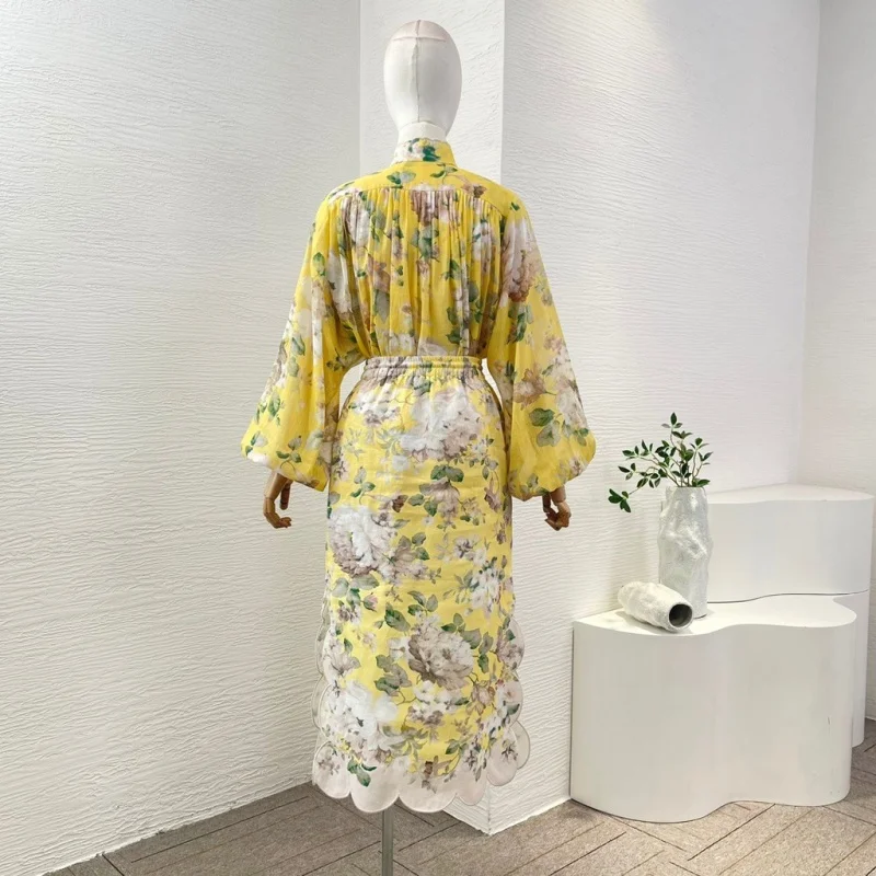 Yellow Floral Ramie Linen 2024 New Summer women high quality Print Long Sleeve Blosue Tops and Slit Hem Shell Edge Skirt Set