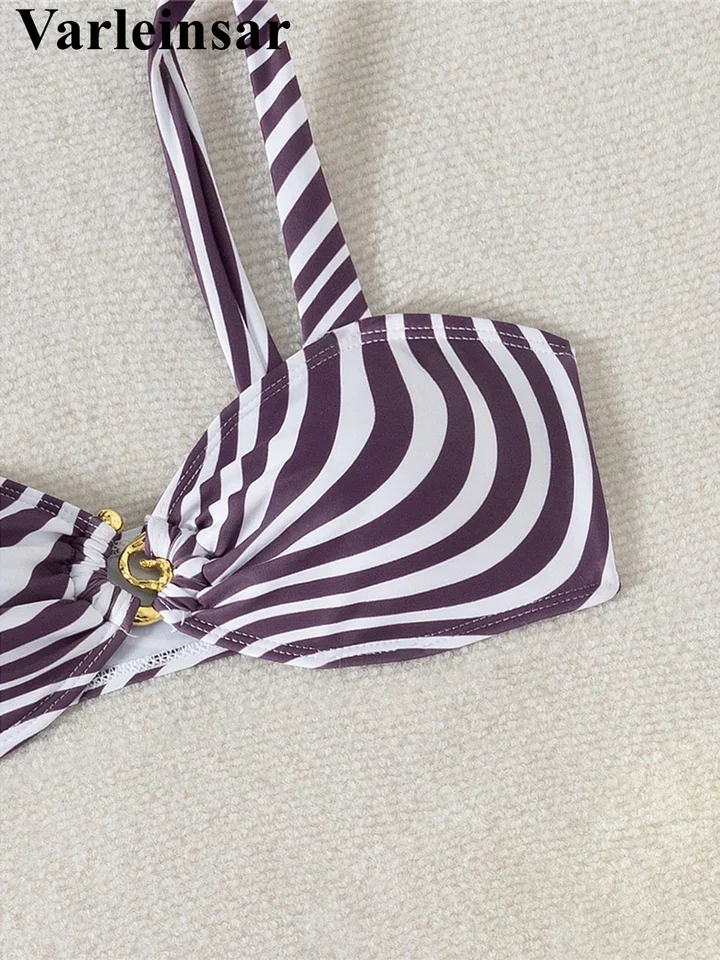 

S - XL Striped Metal Ring Bikini Women Swimwear Two-pieces Bikini set Female Swimsuit Brazilian