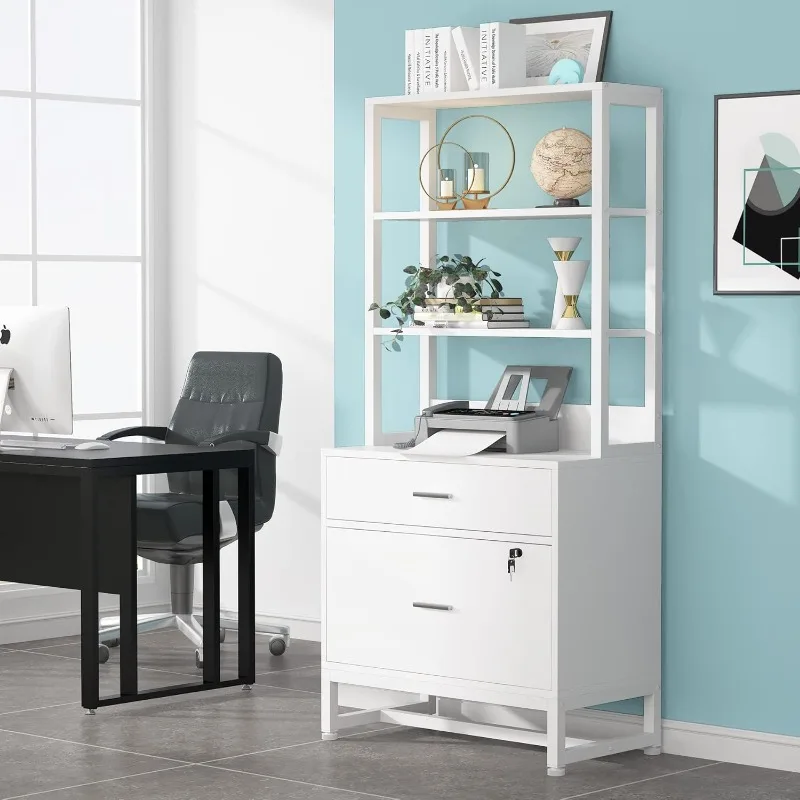 2 drawer vertical file cabinet with lock and bookshelf, letter size large modern file cabinet printer stand, open storage rack