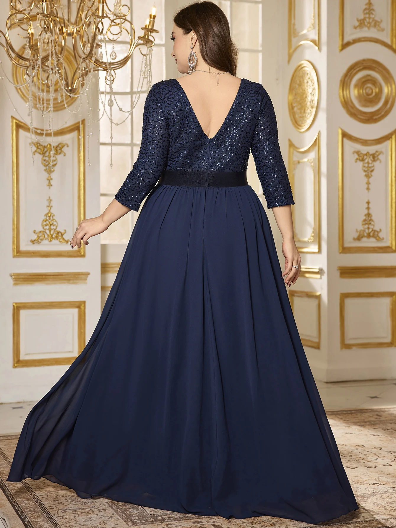 UNITHORSE  Earth-Friendly Women's Dress V-Back Sequin Patchwork Waist Flare Hem Dress With 3/4 Sleeves And Round Neck, Elegant view 2