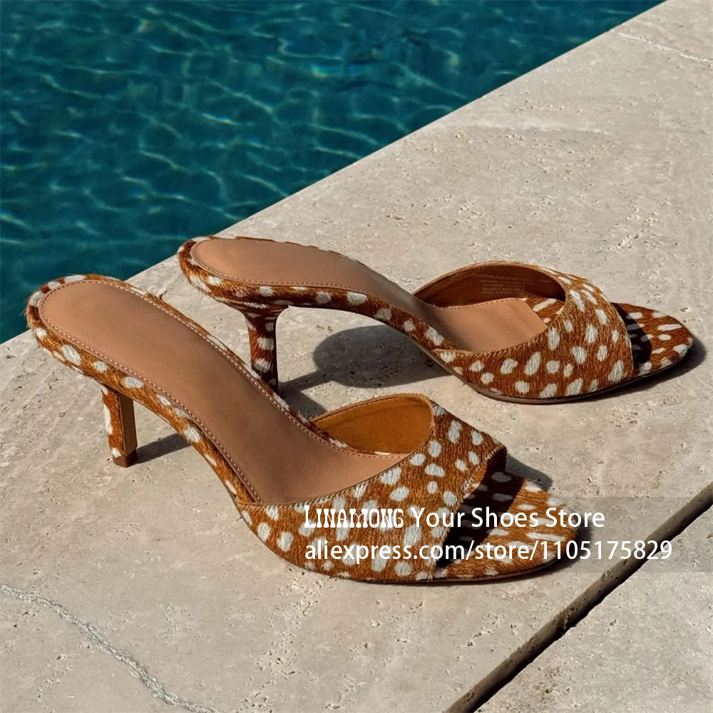 

Animal Print One-Strap Mules Faux Ponyhari Stiletto Slippers Vintage Style Slip on Beach Summer Shoes for Women Handmade Heels