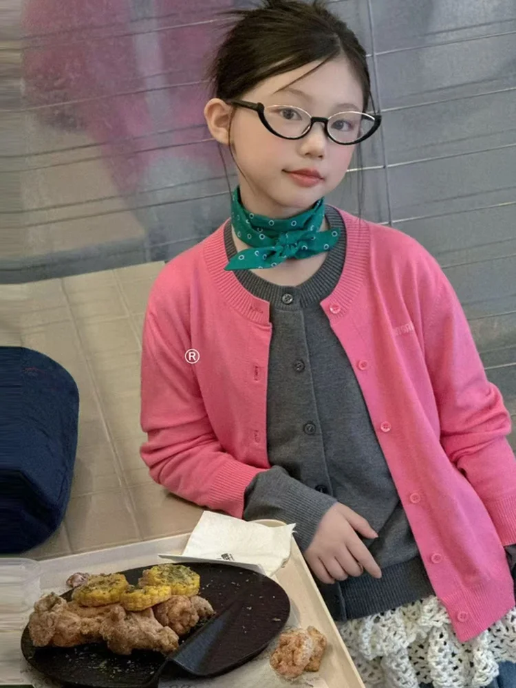 bora-kids-knitted-cardigan-heart-tip-middle-large-children's-sweater-jaet-girls'-faionable-korean-sle-daily-wear