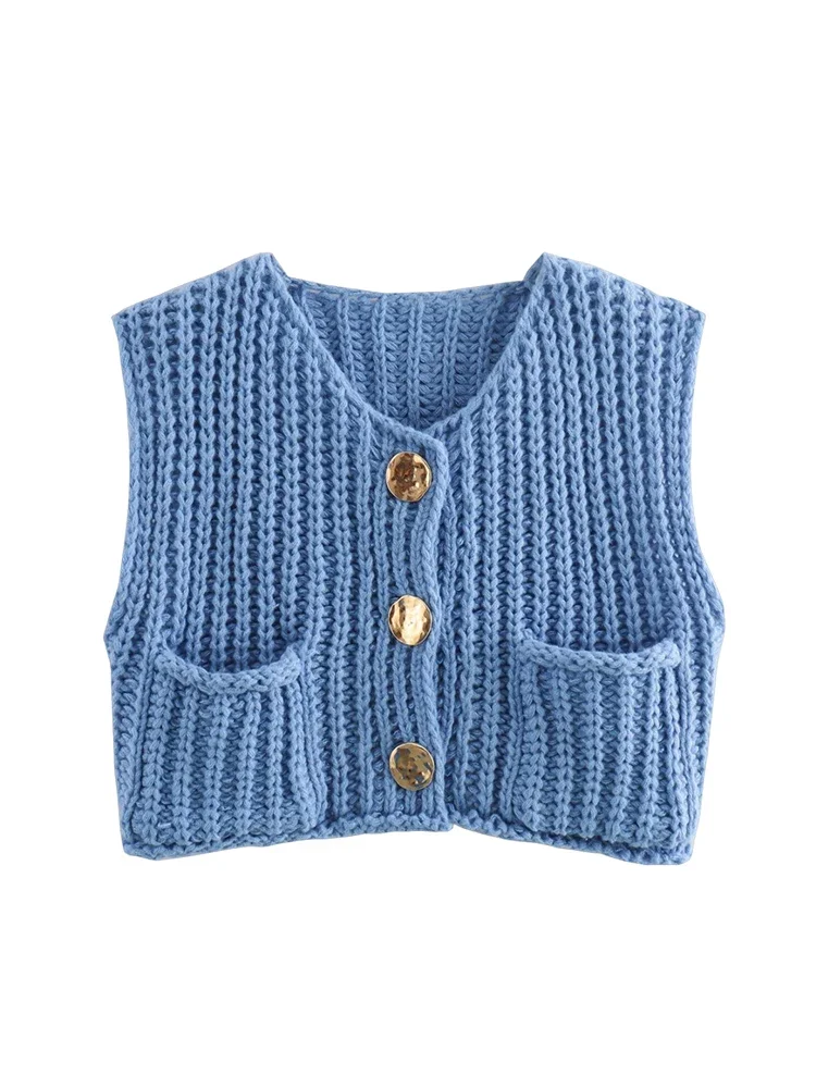 Women's Single Breasted Sleeveless Vest Fashion Commuter Style Short Button Trimmed V-Neck Knitted Sweater Pure Colour Vest