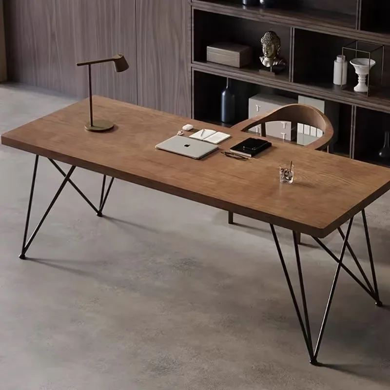 Modern Executive Desk for Home Office, Rustic Simple Computer Laptop Desk with Strong Metal Legs, Wood Study Writing Table