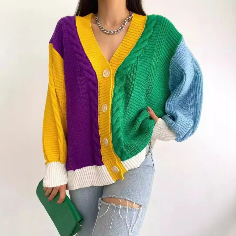 Patchwork Contrast Color Knit JK School Uniform Cardigan,European Lazy Loose Button Sweater Jacket for Daily Campus Wear&Cosplay