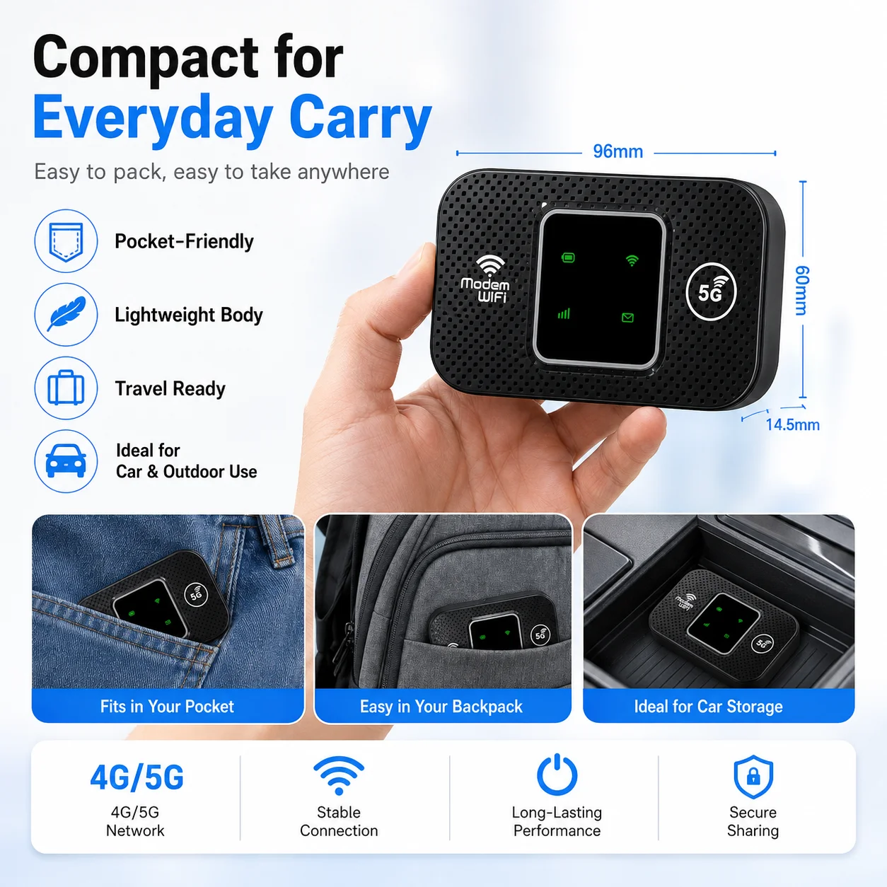 Nouveau routeur de poche MiFi 4G 5G LTE 2026, modem sans fil 150 Mbps avec emplacement pour carte SIM, point d'accès WiFi mobile pour voiture, appareil Internet portable pour voyages en plein air et déplacements sur la route.