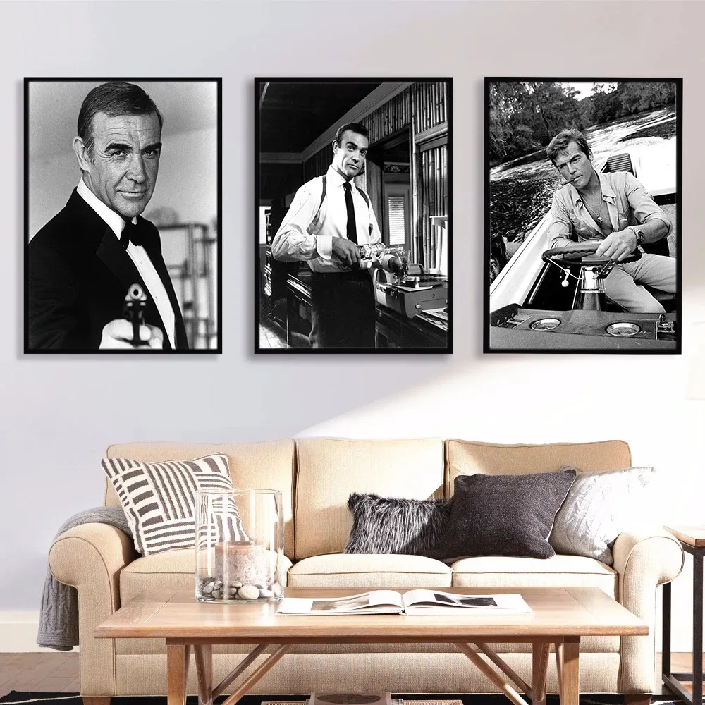 Poster Prints Hot Sean Connery With Gun Classic Movie Star Actor 007 Canvas Painting Wall Art Picture For Living Room Home Decor