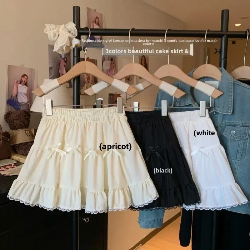 PopPopSweet Butterfly Knot White Lace High Waist Half Skirt Puffy Mini Skirt Slimming Edge Design Summer New Style Women's Skirt