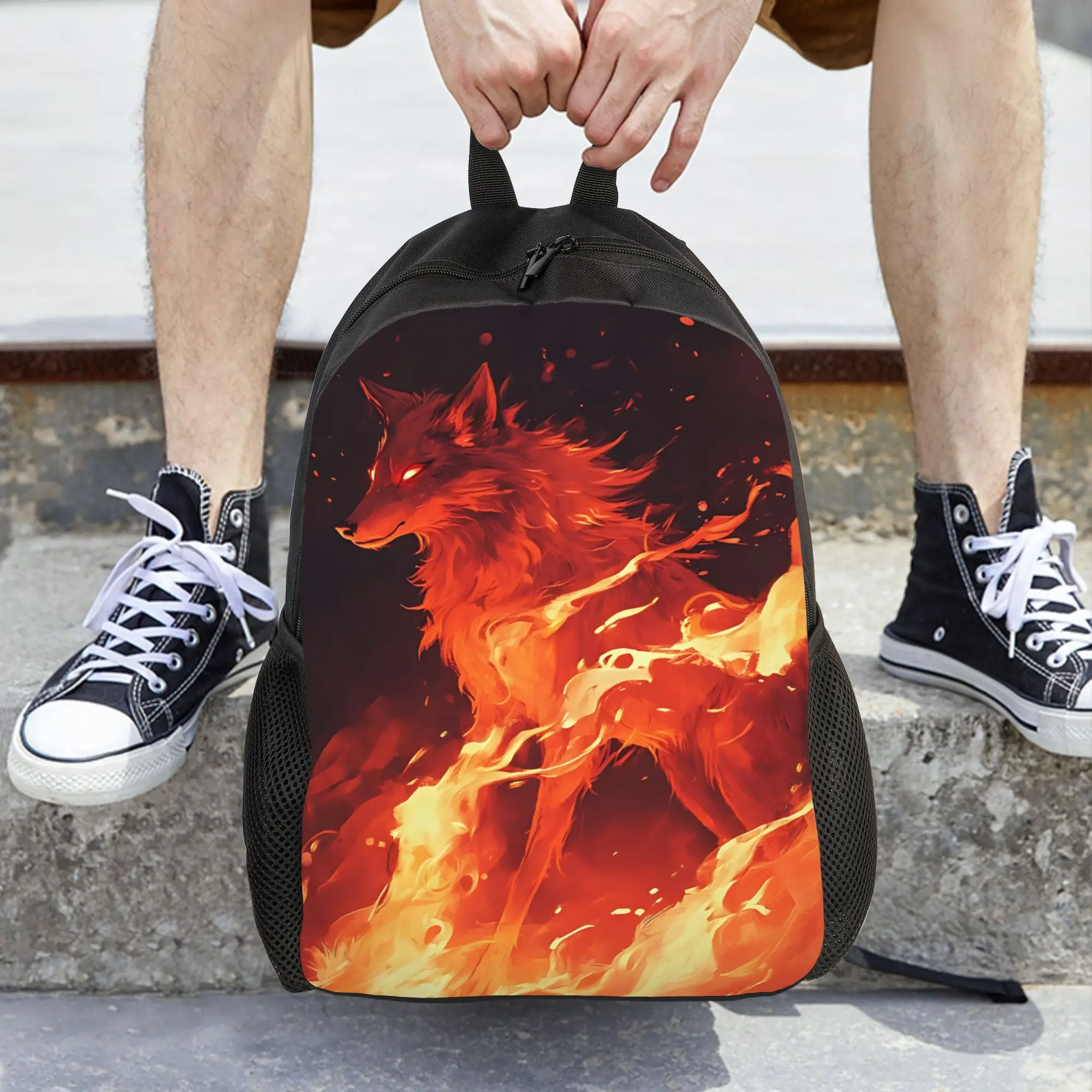Fashion Halloween Print Flame Wolf Fire Texture Art Print backpack  mochila Adjustable Strap Work Office Zipper Closure Rucksack