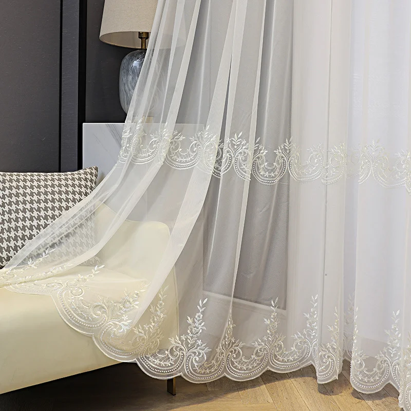 Beaded White Chiffon Embroidered Window Screen for Dining Room, Living Room, Balcony, Light-transmitting Partition