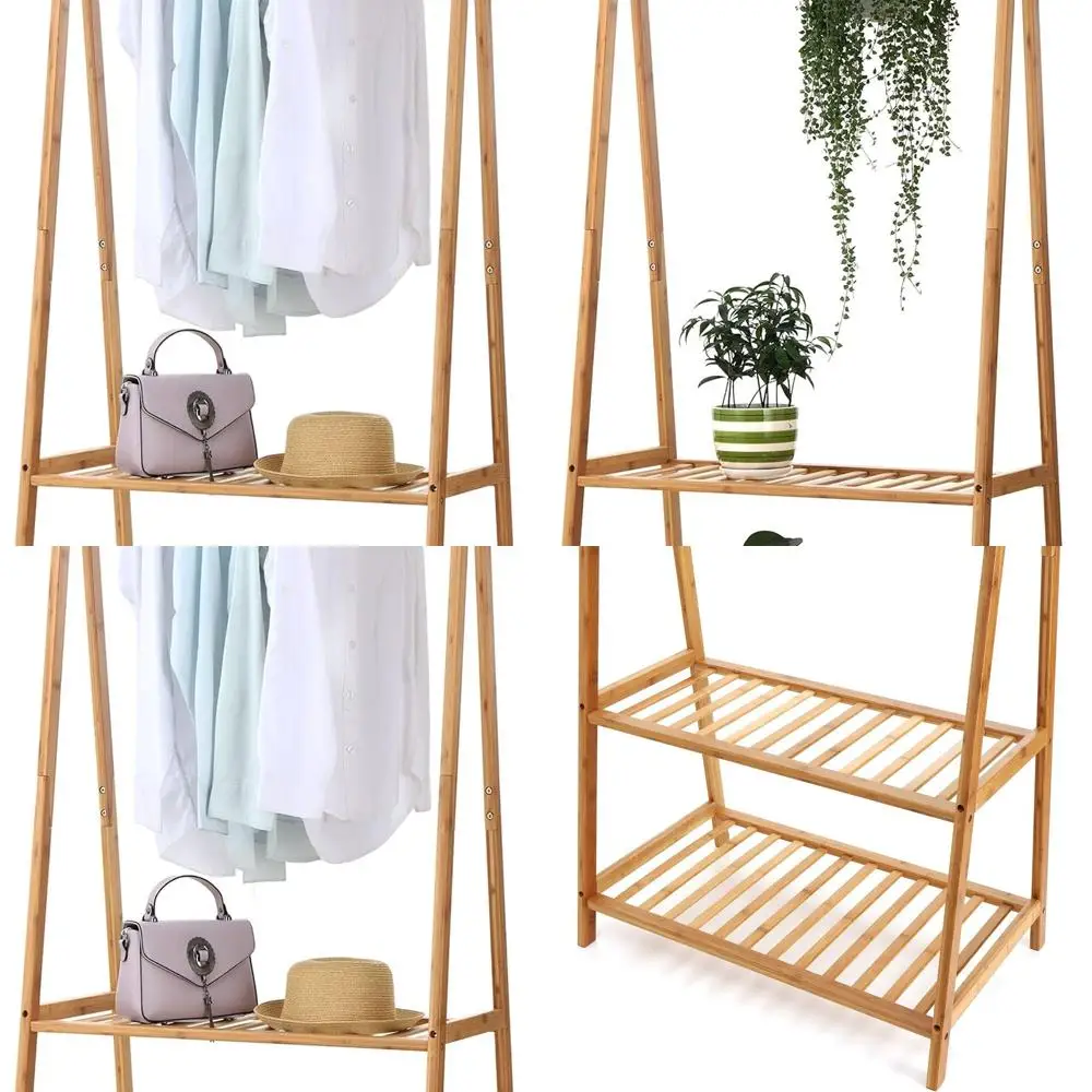 

Portable Bamboo Garment Rack with 2-Tier Storage, Extra Large for Home Entryway and Bedroom, Patented Design