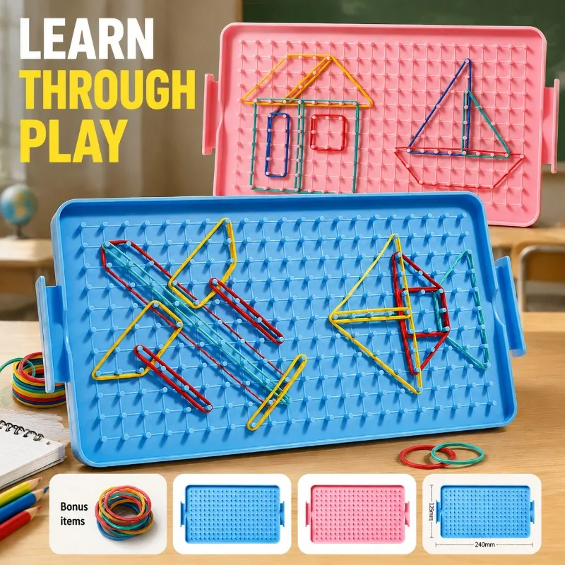 Geoboard Math Manipulatives Set for Elementary Students, Double-Sided Geometry Learning Board with Rubber Bands, Teaching Aid