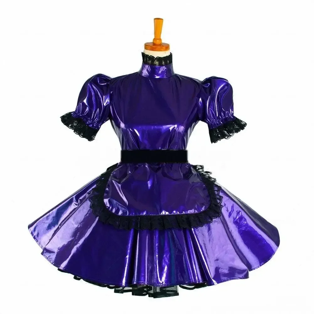 

Sissy Girl Purple PVC Lockable Sexy Dress French Cute Maid Cosplay Christmas Costume Tailored