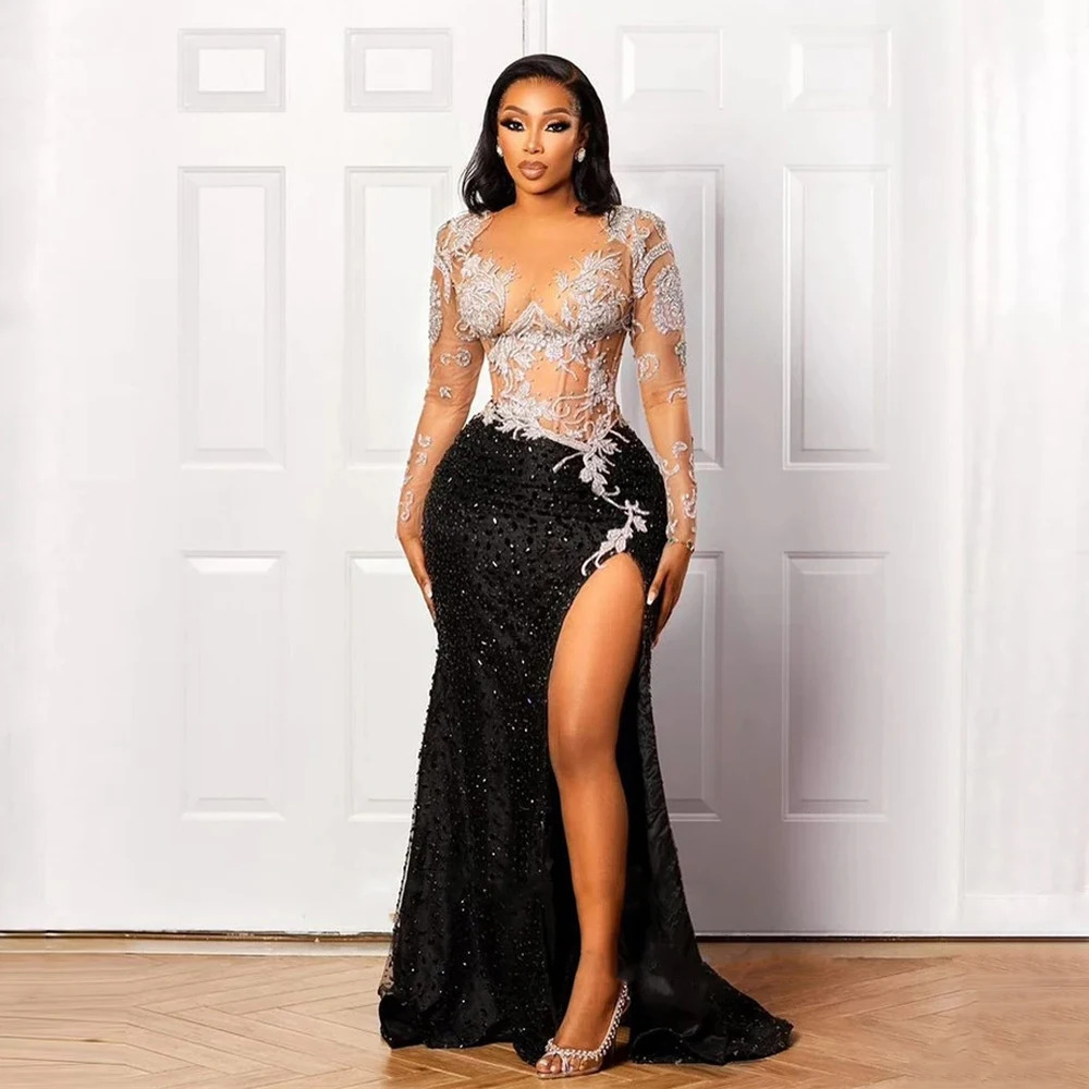 Lorencia African Lace Mermaid Prom Dress Long Sleeve Aso Ebi Wedding Guest Dress Black Girl Evening Gown Robe De Soiree YPD16