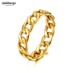 JeeMango Design Titanium Stainless Steel Geometric Chain Hiphop/Rock Rings 18K Gold Plated Bohemia Punk Ring For Women JR20081
