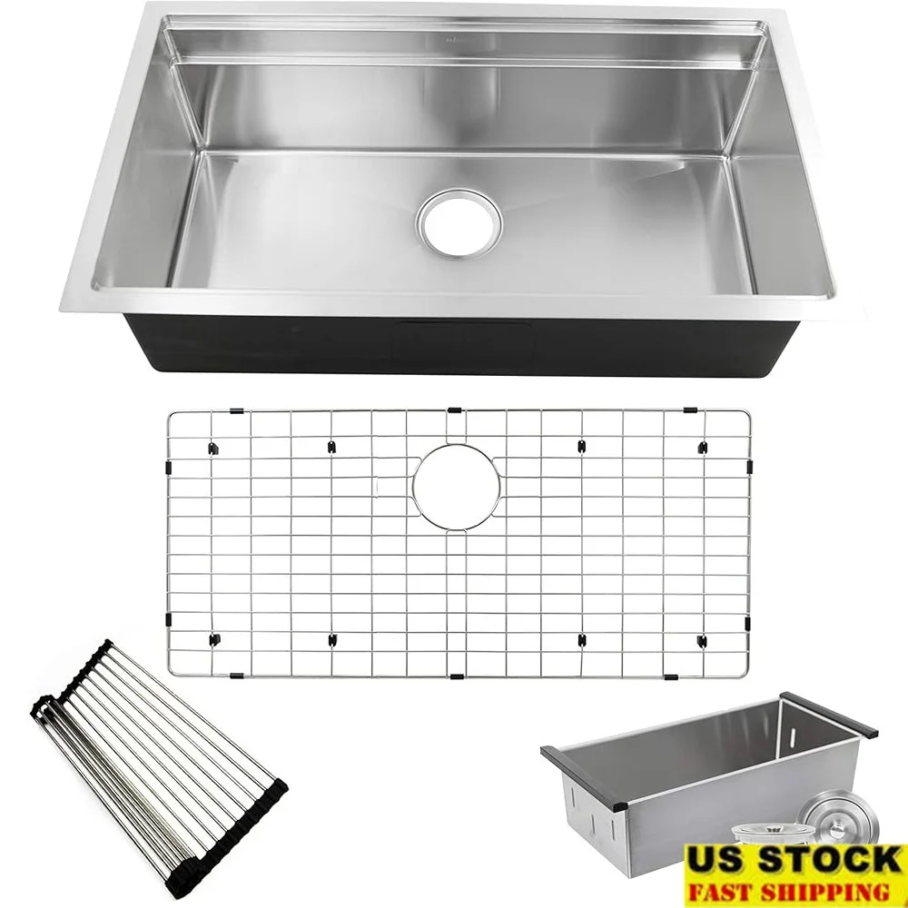

36 Inch Pro Series Stainless Steel Undermount Kitchen Sink with Colander Drain and Roll Up Mat
