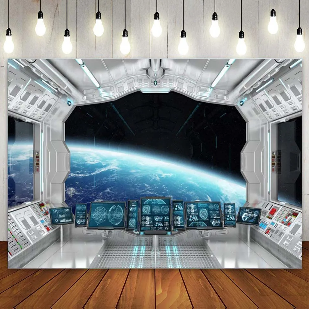 

Spaceship Interior With Window Planet Earth Party Backdrop Banner Universe Science Fiction Spacecraft Photography Background