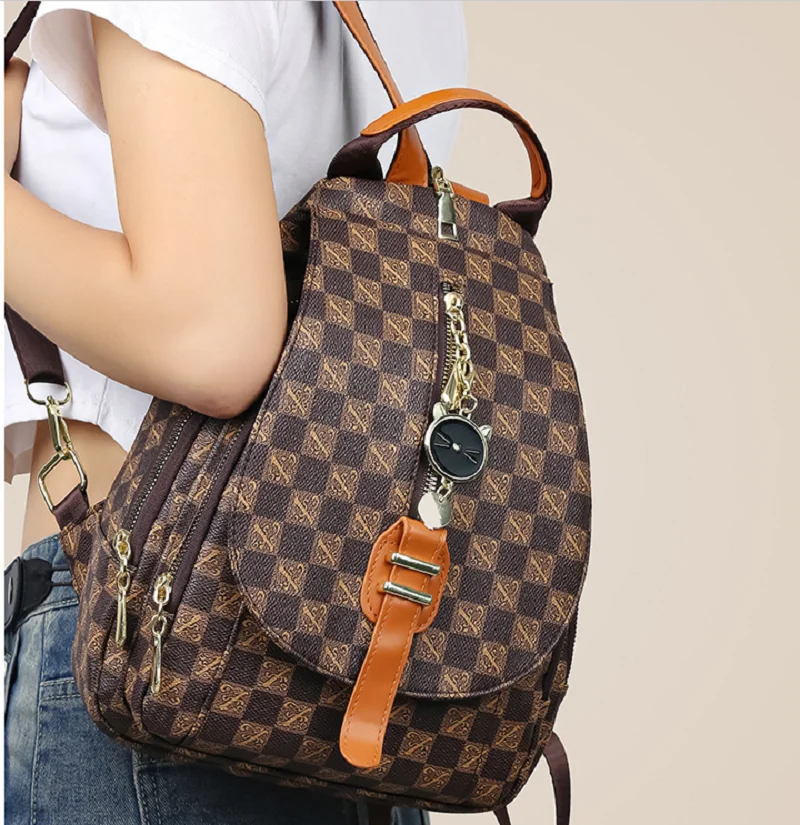 New Fashion Luxury Designer Leather Backpacks Women's Vintage Plaid Shoulder Bags Large Capacity Travel Rucksack Totes Schoolbag