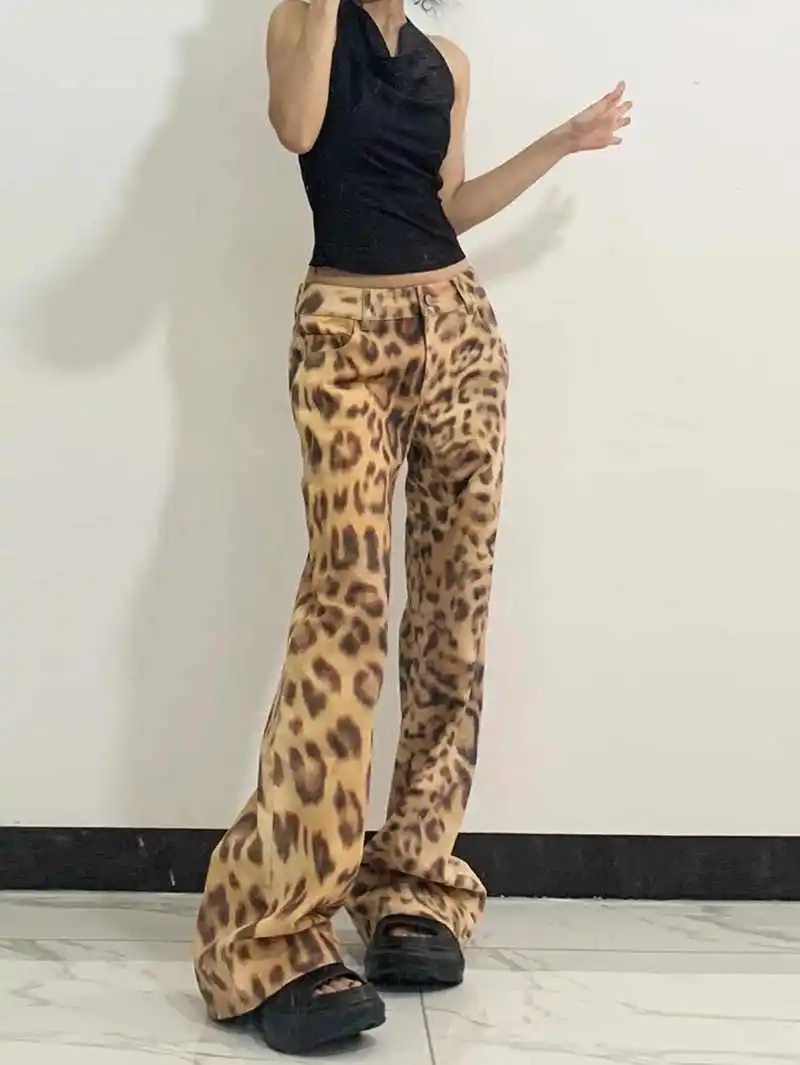 

Women's Brown Jeans Leopard Print Retro Straight Tube Baggy Pants Fashion Street Fashion Y2K Jeans New Winter Leggings