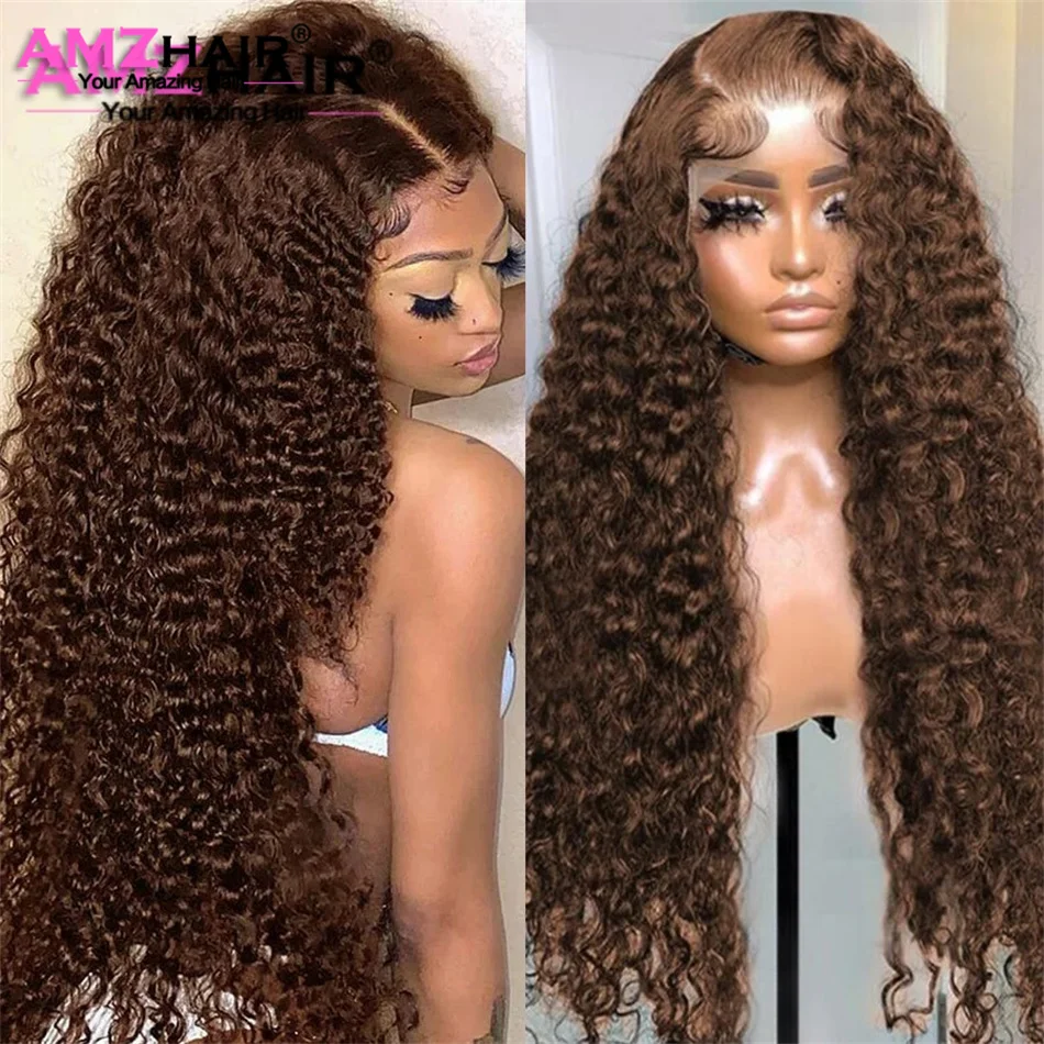 Chocolate Brown Lace Frontal Wig Deep Wave 13x4 Transparen Lace Front Human Hair Wigs For Women Curly Human Hair Wig On Sale