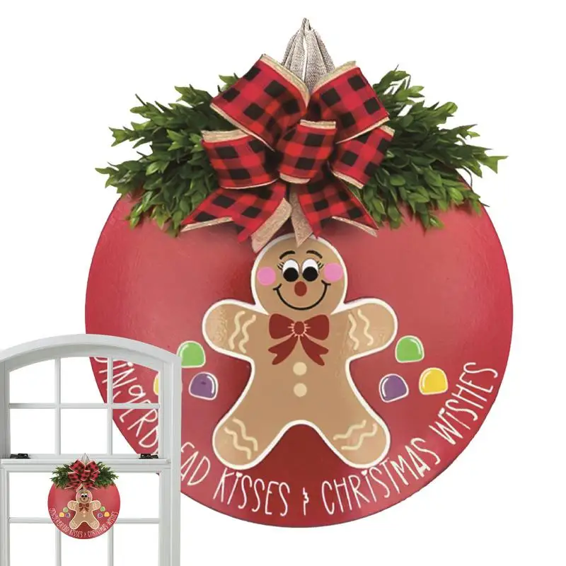 Gingerbread Man Sign For Front Door Wooden Holiday Wreath Indoor Wall Decor Bow-Tie Novelty Sign Decorations Christmas Biscuit