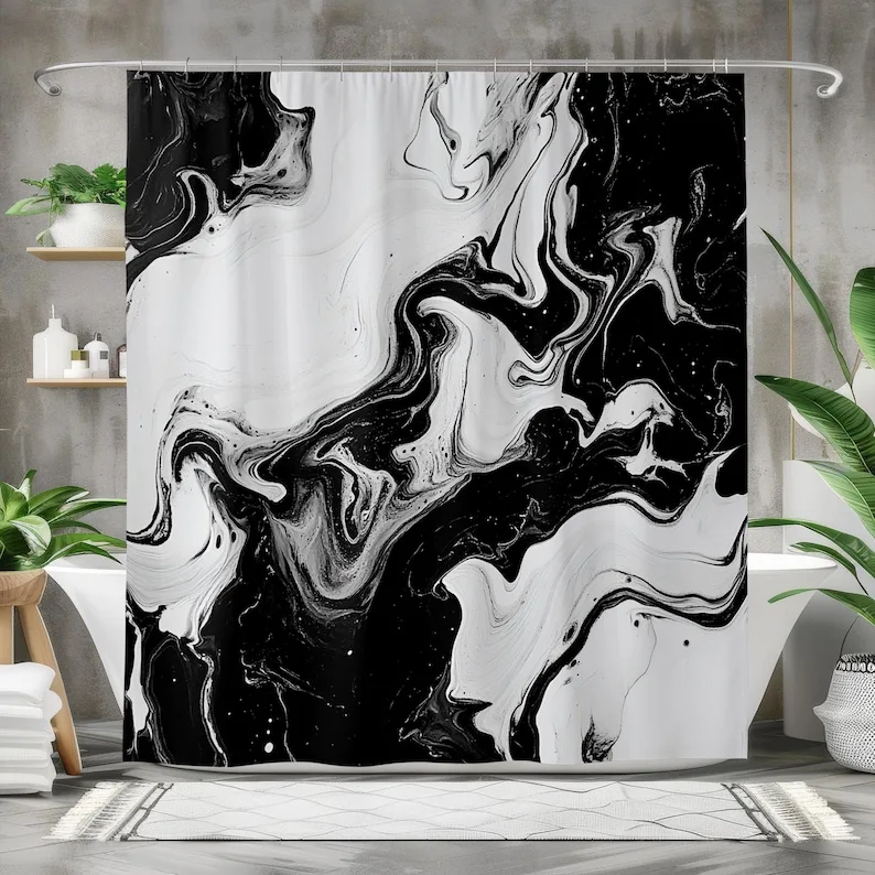 Black and White Marble Shower Curtain, Fluid Abstract Swirl Design, Bold Monochrome Bathroom Art, Modern Minimalist Gift