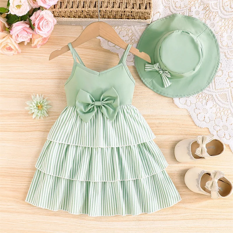 Toddler Baby Girl Summer Princess Dresses Outfit Bow Striped Multi-Layered Ruffles V Neck Spaghetti Straps Dress Hat 2 Pcs Set