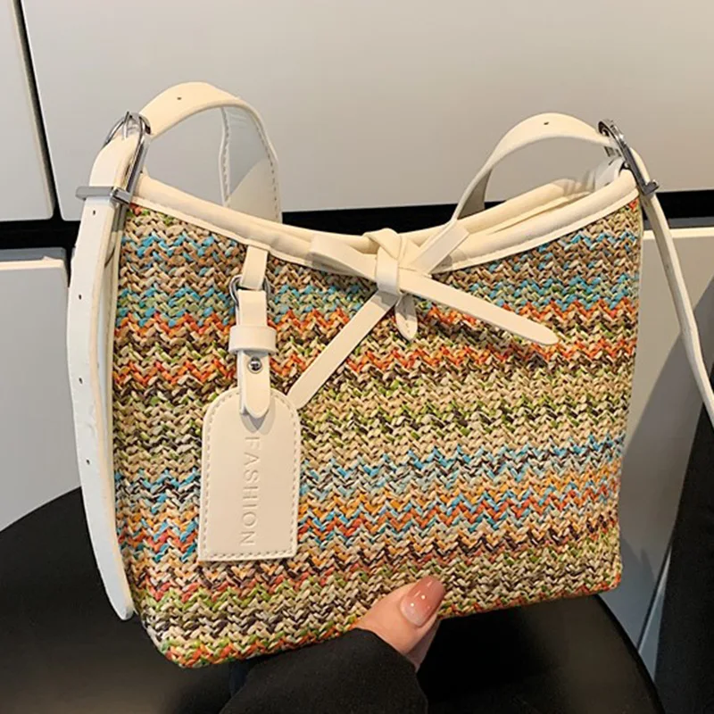 

2025 European and American New! Summer Straw Beach Bag Seaside Vacation Simple Striped Woven Bucket Messenger Handbag