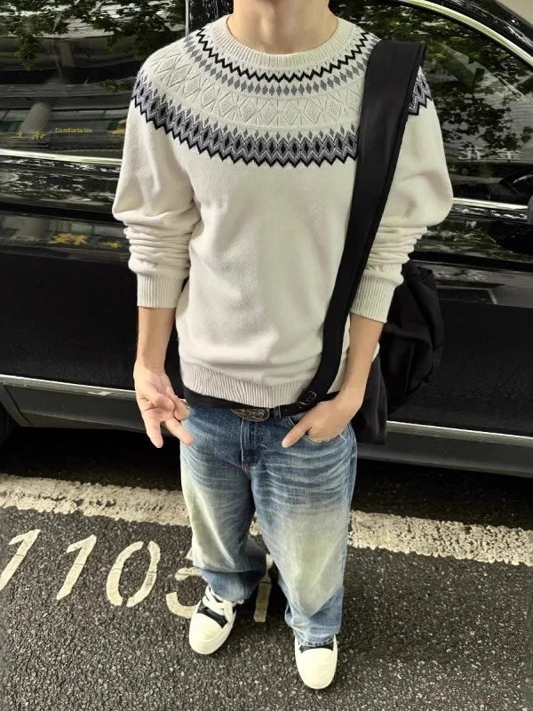 

American Sle Fair Isle Knitted Sweater Men's round Ne oulder Insertion Loose Fit Casual Long Sve Top for Autumn Winter