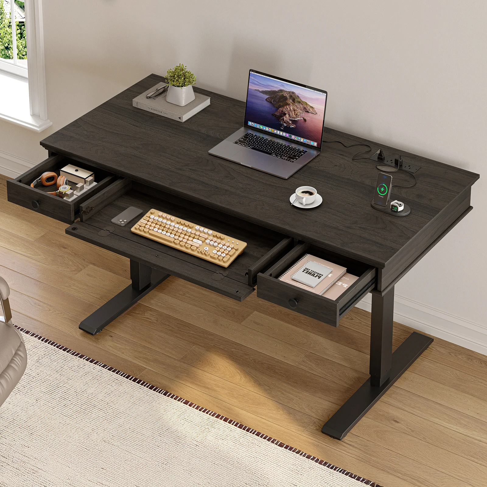 Height Adjustable Desk with Storage & Outlets, 55 x 23  Inch Electric Table for Office,  Curved Stand Up Desk