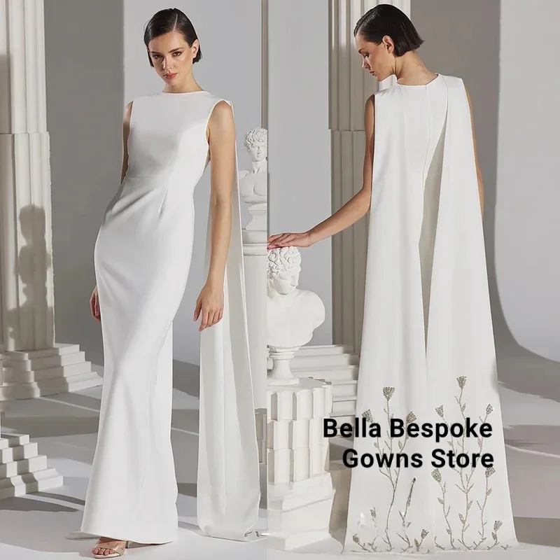 

Ivory Mermaid Evening Dress Customized Round Neck Sleeveless Arabian Prom Gown with Beading Cape Wedding Party Dresses