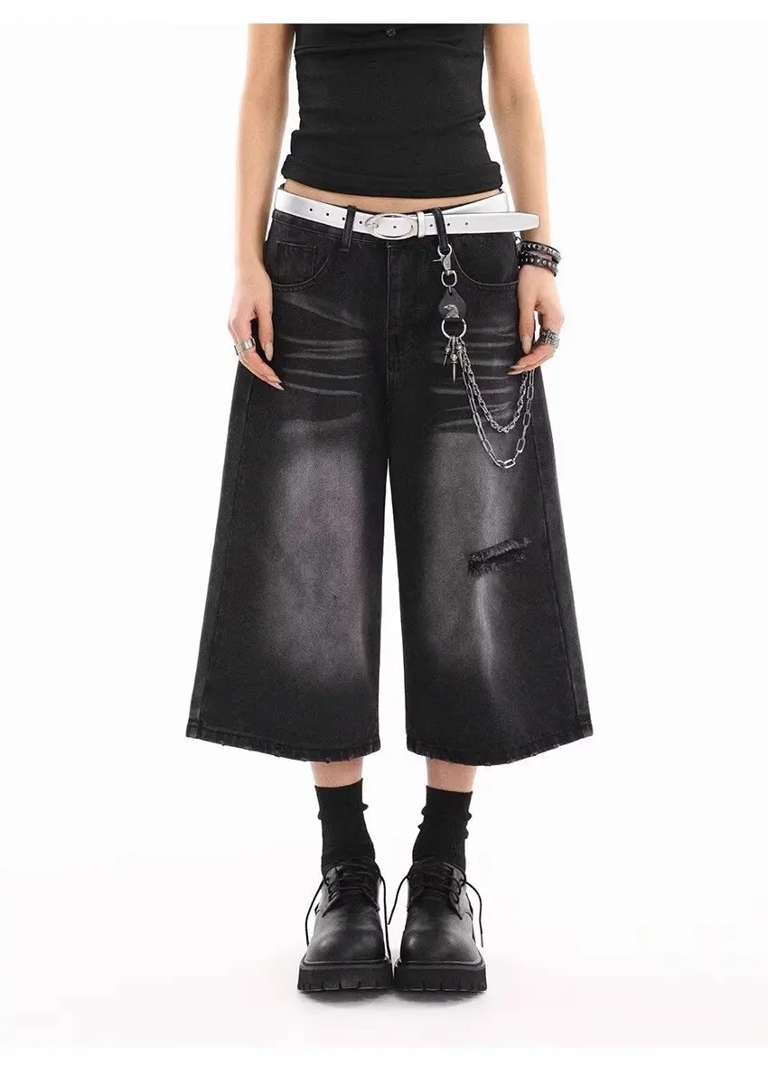 الدنيم السراويل الجينز 7 نقاط السراويل النسائية الجينز تمتد ملابس الصيف Coquette Shoujo فتاة نمط فضفاض السراويل امرأة متوهج Y2k جان