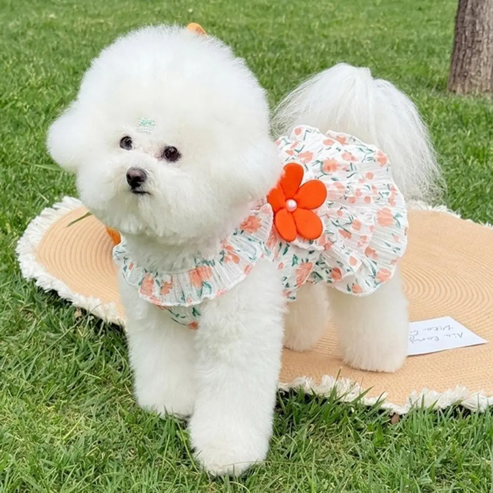 Dog Princess Dress Lightweight Pet Apparel Floral Print Pet Dress with Pearl Metal Leash Ring Lightweight Puppy Skirt for Small