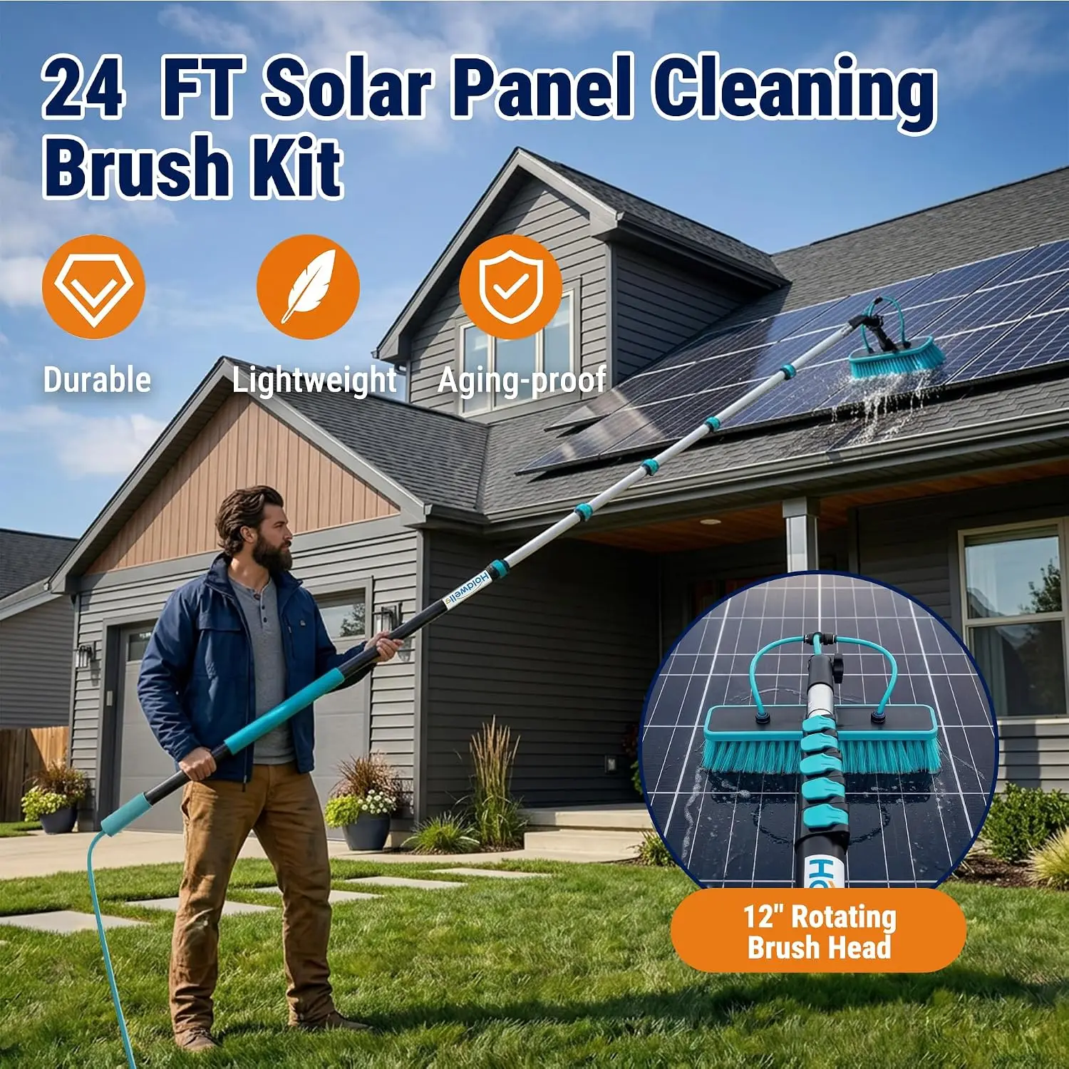 24FT Telescoping Solar Panel Cleaning Kit with 180° Rotatable Brush Head, 3-in-1 Switchable Brushes, Dual Water Jets & Ergonomic Non-Slip Handle for Windows, Gutters, Roofs, and Exterior Walls