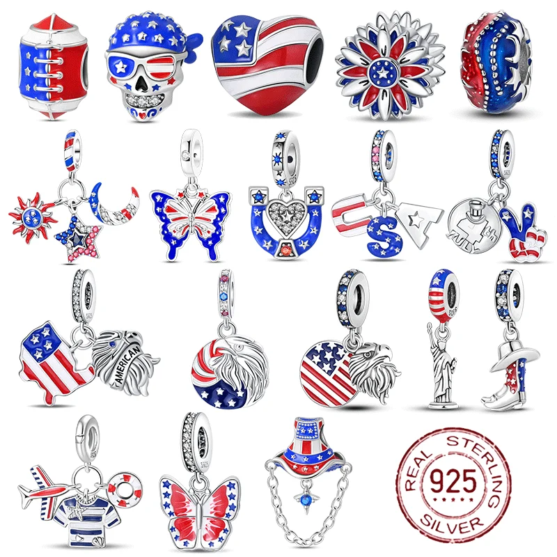 

925 Sterling Silver USA Eagle Banner Butterfly America Charms Beads Fit 3mm 925 Original Bracelets DIY Jewelry Souvenir Gift