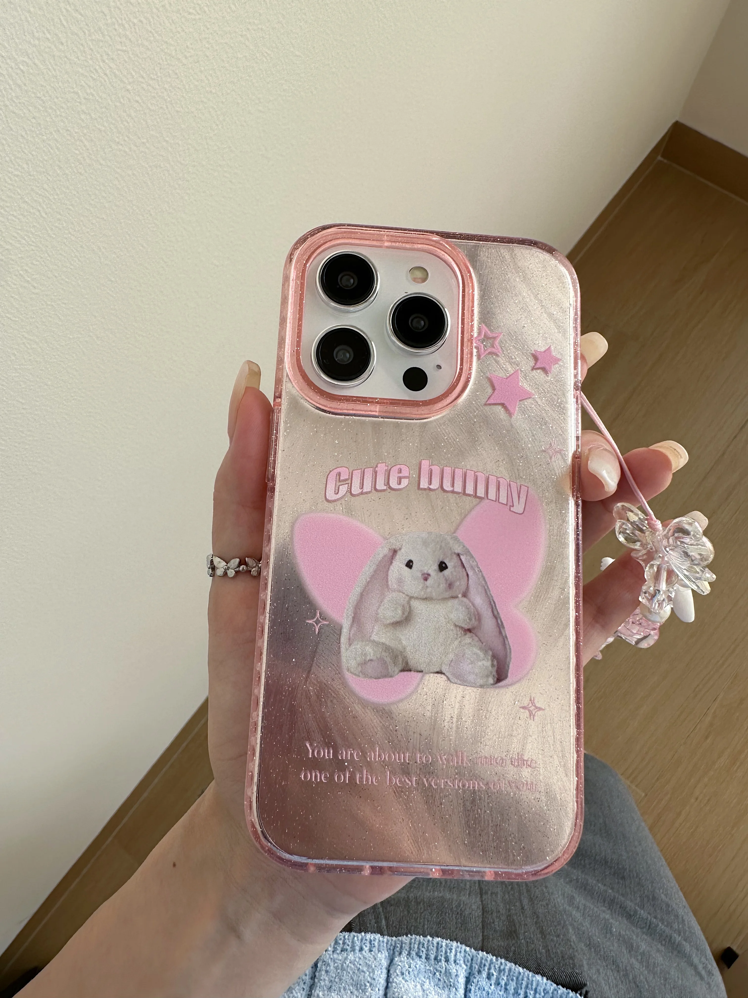 Ins Cartoon Winged Rabbit Pink Star Flash Powder Heart Bracelet Phone Case for iPhone 15 14 13 Pro Max 12 Pro Plus Back Cover image 6