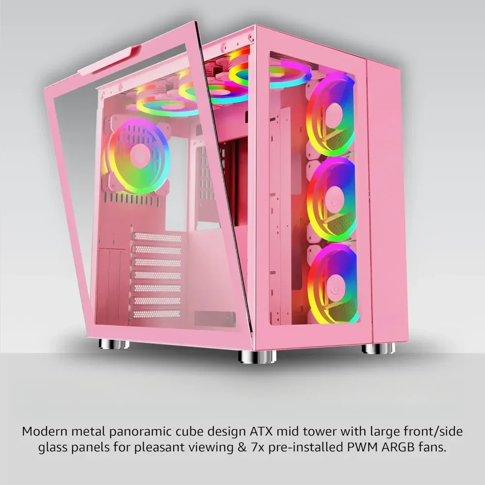 Mid Tower ATX Gaming PC Cube Case, 7X 120mm PWM ARGB Fans, 366 RGB Modes, Dual Tempered Glass Panels, 360mm Radiator Support