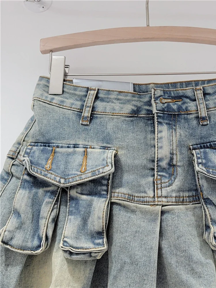 Jupes en jean patchwork pour femmes, poches asymétriques, ligne A plissée, mini-jupe cargo courte, nouvelle mode, été 2024, 343